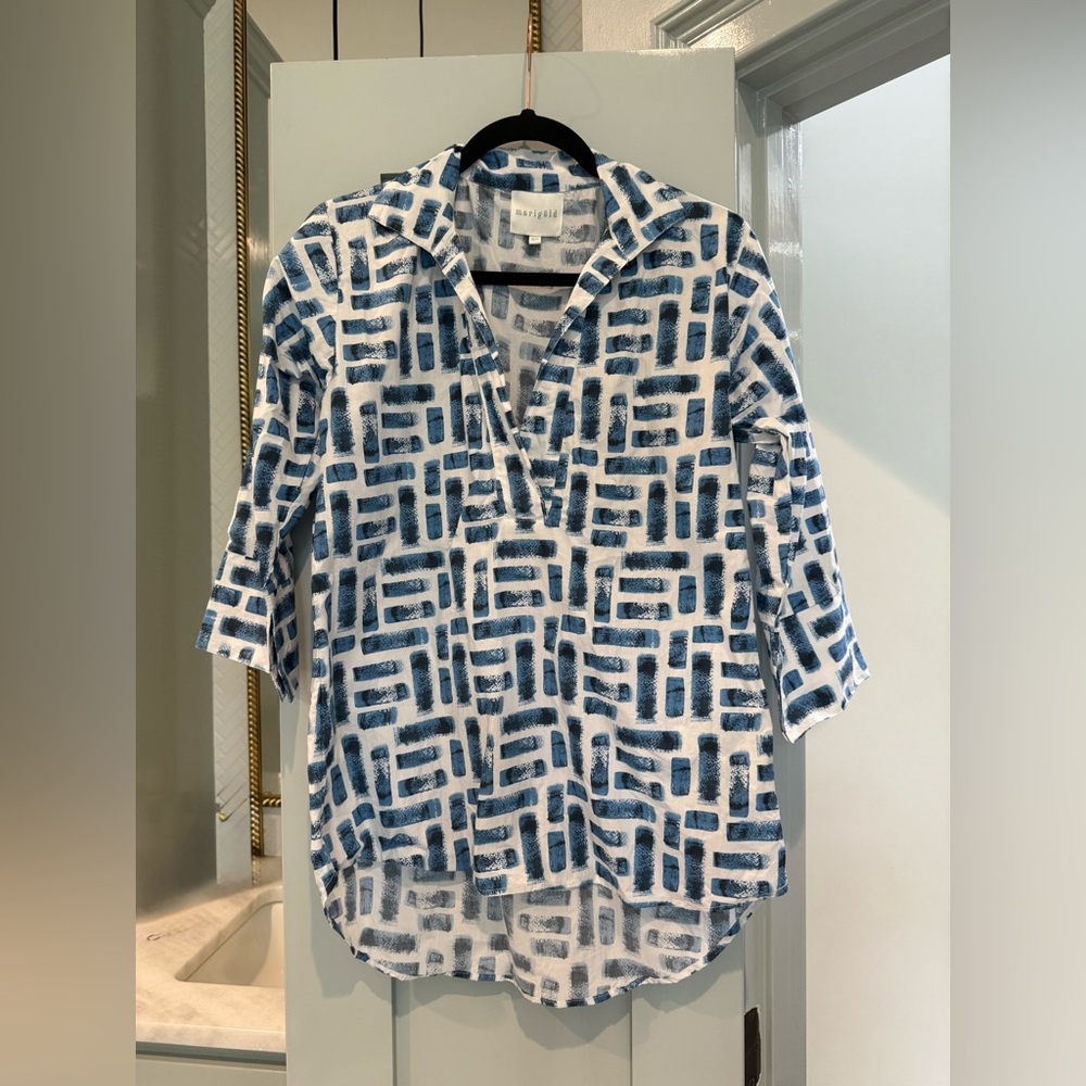 Victoria Dunn women's marigold blue white blouse size XS 3/4 sleeve